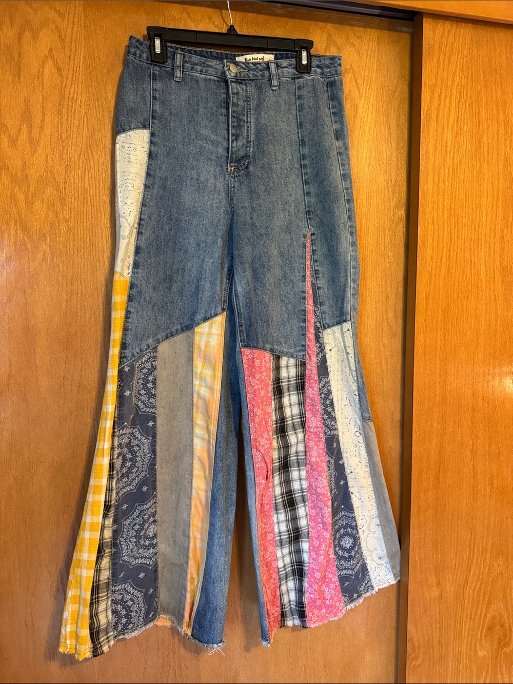 Three Bird Nest Patchwork Flare Jeans in Blue Denim with Multicolor Panels